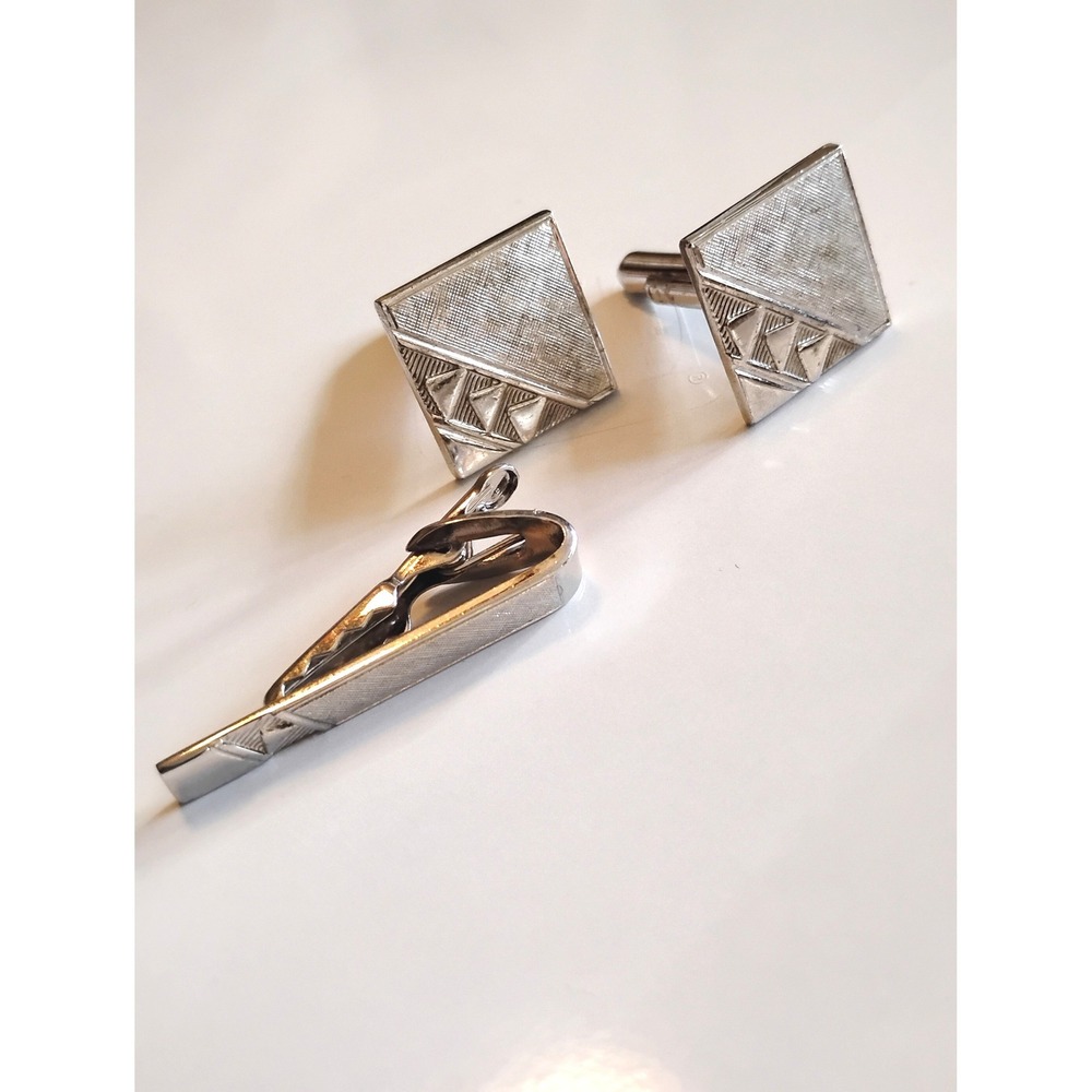 ▪️Vintage 1960s Silver Retro Shields Cufflinks & Studs Set Formal Rustic Preppy